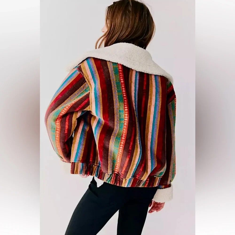 Free People We The Free Corrigan Cozy Cord Jacket Rainbow Stripe Faux Sherpa - Picture 2 of 7